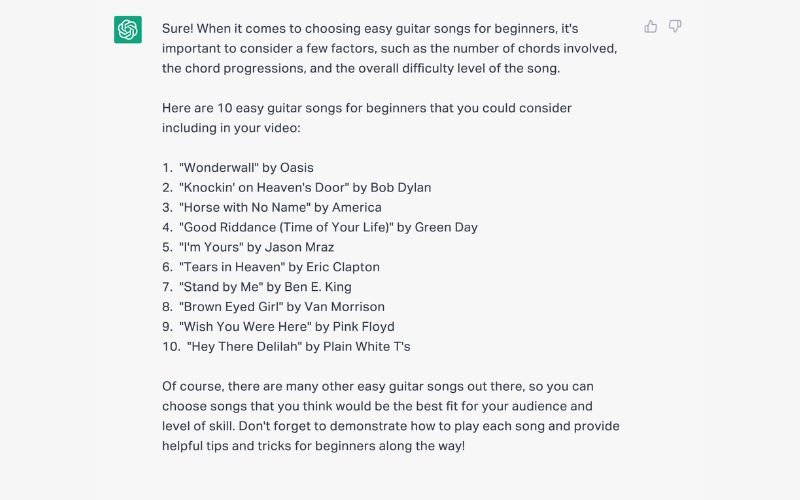 Chat GPT example question music
